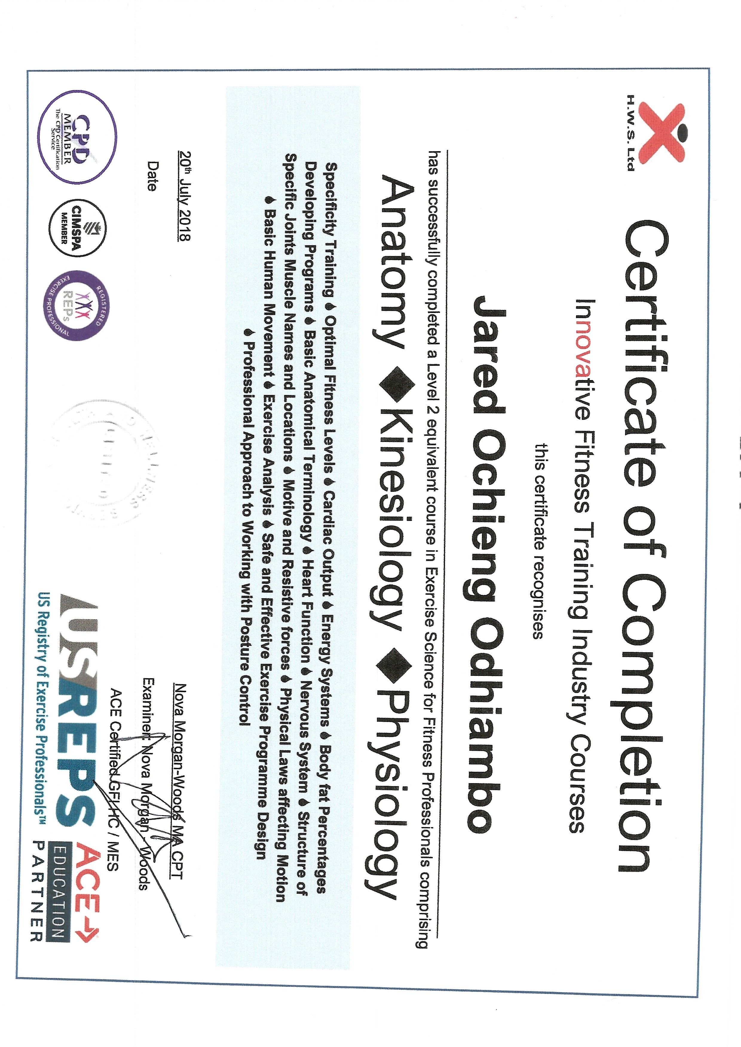 Certificate of Completion — Anatomy, Kinesiology & Physiology